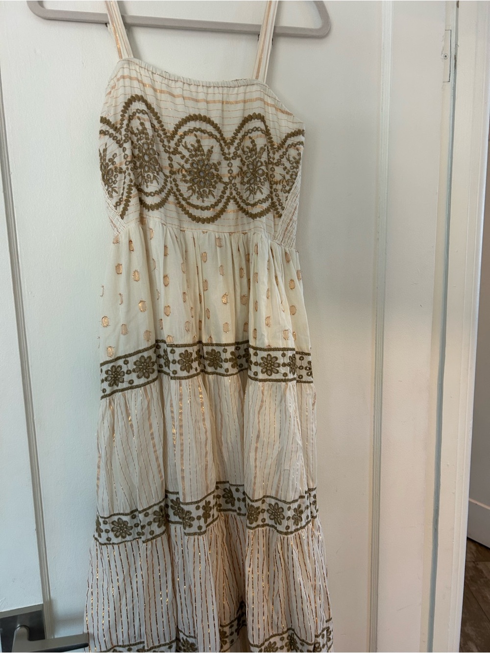 Boho Embroidered Cream Maxi Dress with Gold Accents
